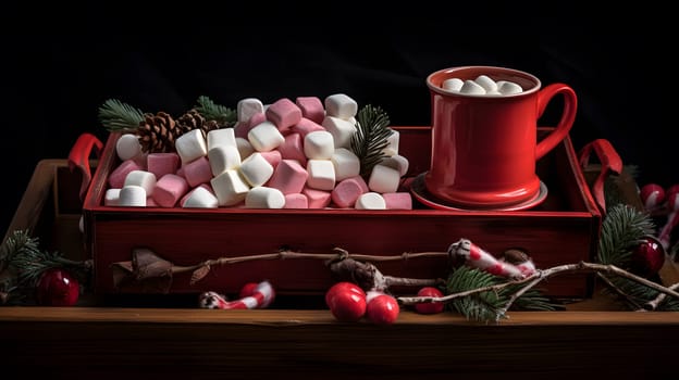 Red cup of cocoa and marshmallows. Neural network AI generated art
