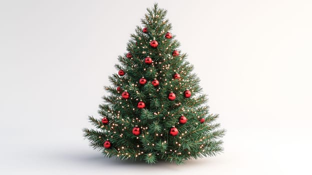 A 3D-rendered image of a beautifully decorated Christmas tree, adorned with simple white lights and vibrant red ornaments, capturing the essence of holiday elegance and charm.