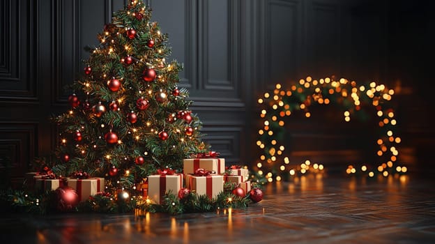 A 3D-rendered image of a beautifully decorated Christmas tree, adorned with simple white lights and vibrant red ornaments, capturing the essence of holiday elegance and charm.