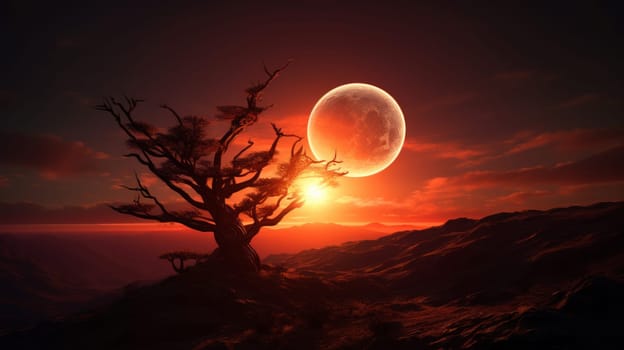lonely single tree middle of the sea with dramatic sunset at background. Neural network AI generated art