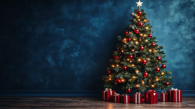 A 3D-rendered image of a beautifully decorated Christmas tree, adorned with simple white lights and vibrant red ornaments, capturing the essence of holiday elegance and charm.