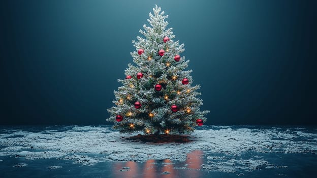 A 3D-rendered image of a beautifully decorated Christmas tree, adorned with simple white lights and vibrant red ornaments, capturing the essence of holiday elegance and charm.