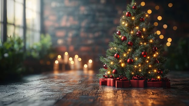 A 3D-rendered image of a beautifully decorated Christmas tree, adorned with simple white lights and vibrant red ornaments, capturing the essence of holiday elegance and charm.