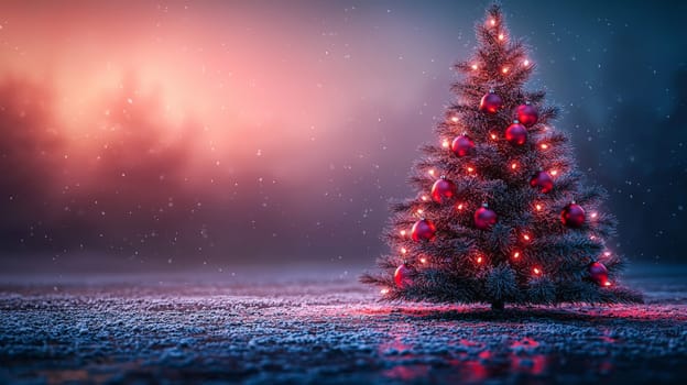 A 3D-rendered image of a beautifully decorated Christmas tree, adorned with simple white lights and vibrant red ornaments, capturing the essence of holiday elegance and charm.