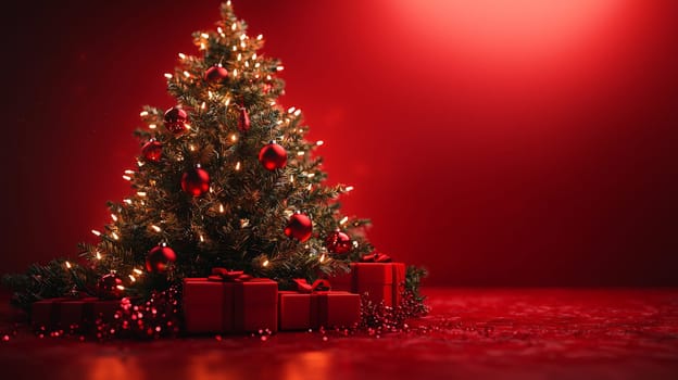 A 3D-rendered image of a beautifully decorated Christmas tree, adorned with simple white lights and vibrant red ornaments, capturing the essence of holiday elegance and charm.