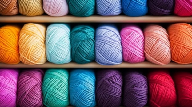 Many multi-colored balls of threads on a knitted fabric, close-up. Neural network AI generated art