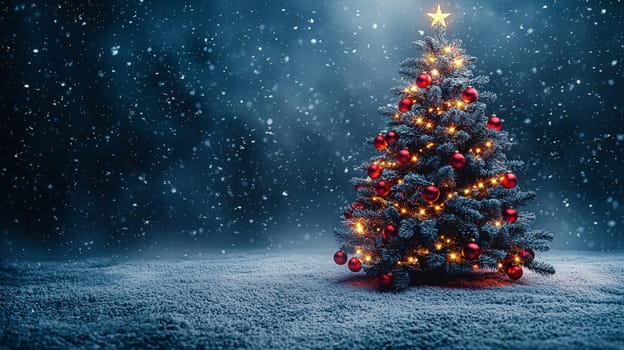 A 3D-rendered image of a beautifully decorated Christmas tree, adorned with simple white lights and vibrant red ornaments, capturing the essence of holiday elegance and charm.