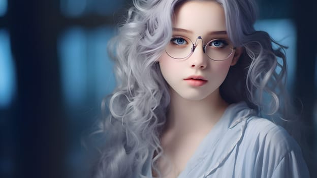 Portrait of a girl in glasses with blue hair. Neural network AI generated art