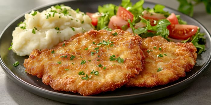 delicious homemade schnitzel on a plate, surrounded by fresh salad and a side of mashed potatoes. AI generative.