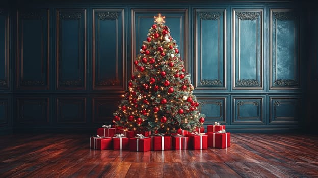 A 3D-rendered image of a beautifully decorated Christmas tree, adorned with simple white lights and vibrant red ornaments, capturing the essence of holiday elegance and charm.