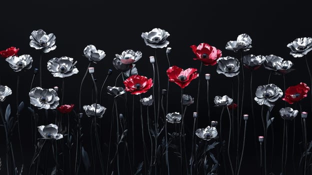 A striking photo of a poppy field with a mix of red and gray flowers set against a deep black background. The contrasting colors create a dramatic and artistic visual effect, blending natural beauty with abstract design.