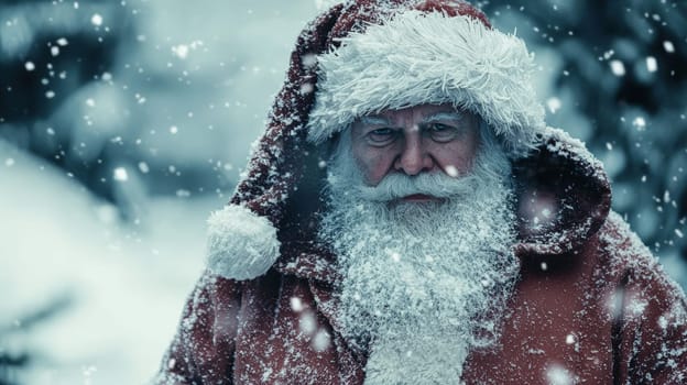 A portrait photo of Santa Claus standing in a serene snowy landscape, capturing the festive and magical spirit of the holiday season with his iconic red suit and white beard.
