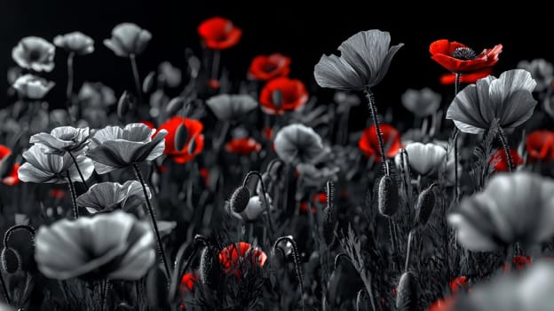 A striking photo of a poppy field with a mix of red and gray flowers set against a deep black background. The contrasting colors create a dramatic and artistic visual effect, blending natural beauty with abstract design.