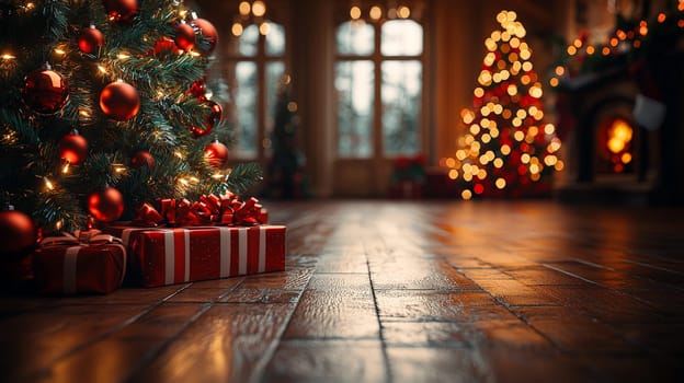 A 3D-rendered image of a beautifully decorated Christmas tree, adorned with simple white lights and vibrant red ornaments, capturing the essence of holiday elegance and charm.