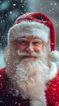 A portrait photo of Santa Claus standing in a serene snowy landscape, capturing the festive and magical spirit of the holiday season with his iconic red suit and white beard.