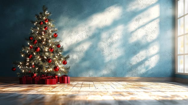A 3D-rendered image of a beautifully decorated Christmas tree, adorned with simple white lights and vibrant red ornaments, capturing the essence of holiday elegance and charm.