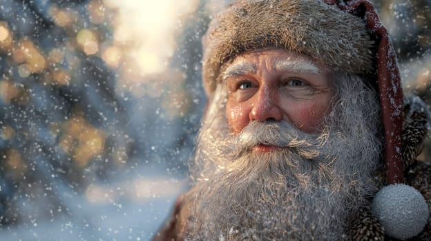 A portrait photo of Santa Claus standing in a serene snowy landscape, capturing the festive and magical spirit of the holiday season with his iconic red suit and white beard.