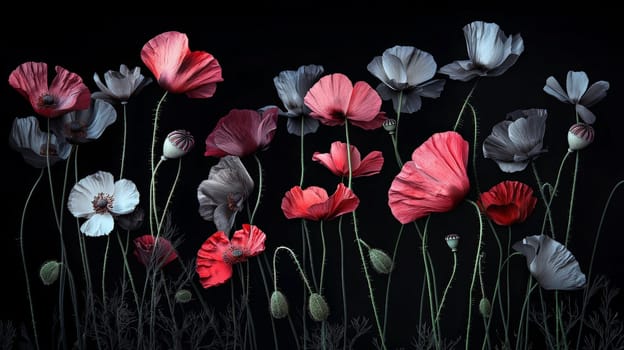 A striking photo of a poppy field with a mix of red and gray flowers set against a deep black background. The contrasting colors create a dramatic and artistic visual effect, blending natural beauty with abstract design.
