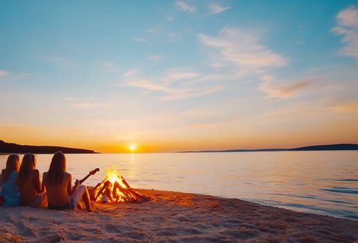 A group of friends enjoy a bonfire on the beach at sunset, creating a warm and serene atmosphere.