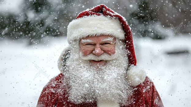 A portrait photo of Santa Claus standing in a serene snowy landscape, capturing the festive and magical spirit of the holiday season with his iconic red suit and white beard.