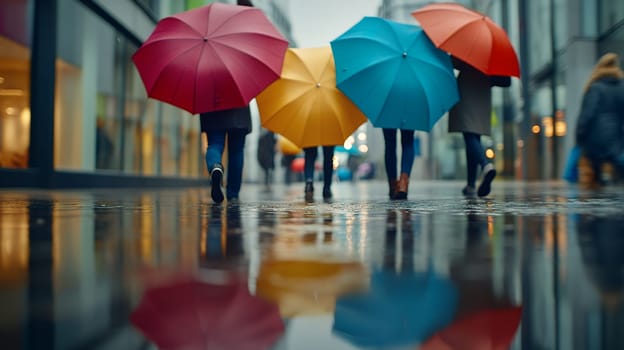 Vibrant umbrellas reflected on a rainy street, capturing the lively atmosphere of a city in the rain.