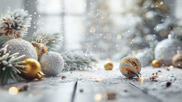 Christmas postcard with ornaments, Christmas tree in snow against blurred background, AI Generated