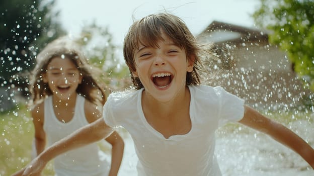 Two children laughing joyfully as they splash in water on a bright summer day, capturing the essence of childhood fun.
