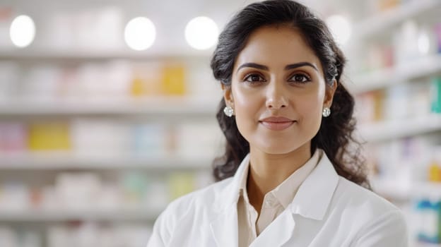 Smiling female indian american pharmacist standing in pharmacy with shelves of medicine in background, AI generated