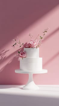 Wedding cake with beautiful flowers on solid pastel color background, copy space, AI Generated