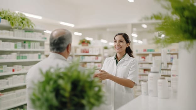Smiling female pharmacist standing in pharmacy with shelves of medicine in background, AI Generated