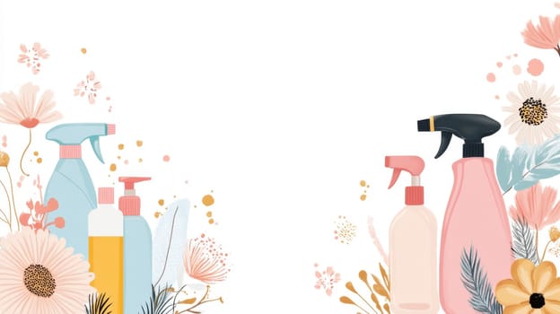 Bottles with spray and flowers on white background for spring cleaning concept, AI Generated