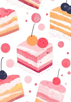 A vibrant pattern featuring slices of cake topped with cherries, surrounded by playful dots. A joyful design perfect for celebrations.
