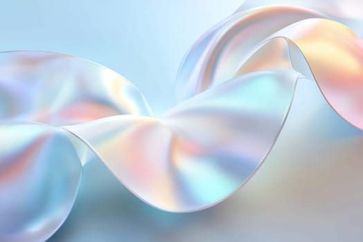 A flowing piece of iridescent fabric showcases soft waves, reflecting light in hues of blue and pink, creating a delicate, dreamy atmosphere.