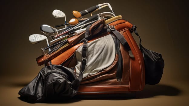 Many metal golf clubs in leather baggage. Neural network AI generated art