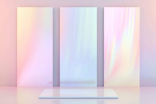 Three iridescent panels stand vertically against a pale background, reflecting soft light in a contemporary room.
