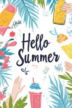 Bright tropical elements celebrate summer with colorful drinks and vibrant foliage, embodying the season's warmth and relaxation.