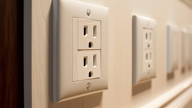 White wall mounted socket board with two electrical sockets and a switch. Neural network AI generated art
