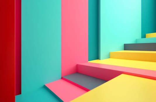 A colorful staircase features bold hues of pink, turquoise, and yellow, creating a striking geometric composition in a modern space.