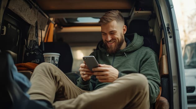 A young man relaxes in his van, smiling and using his smartphone while comfortably seated.