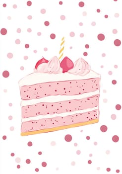 A slice of pink cake topped with cherries and frosting, adorned with colorful dots in a festive pattern.