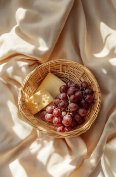 A woven basket holds ripe grapes and slices of cheese, resting on a warm, textured fabric.