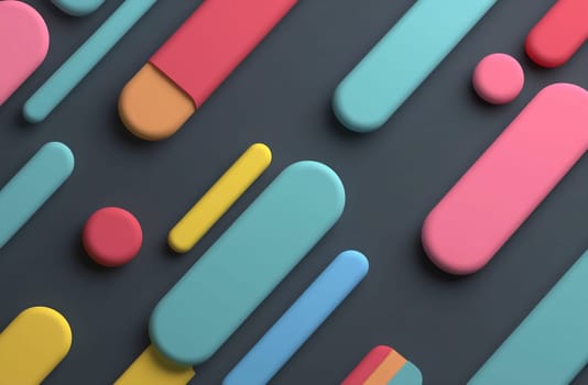 Various colorful geometric shapes are scattered across a dark surface, creating a vibrant, modern composition that captures attention.