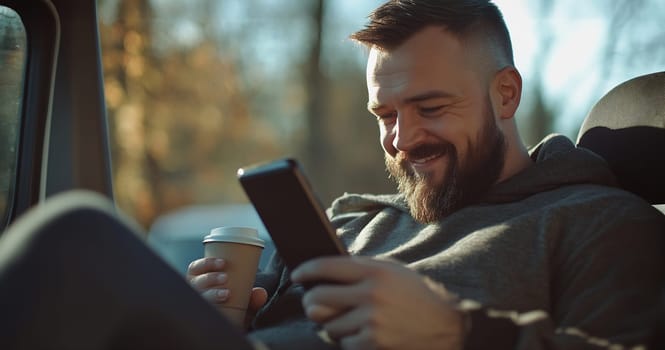A man with a beard smiles as he checks his phone, holding a coffee cup in a cozy outdoor setting during daylight.