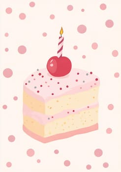 A beautifully decorated birthday cake featuring layers of cream and a cherry, set against a soft, colorful background.