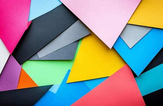 A vibrant assortment of paper sheets in various colors is creatively arranged, showcasing textures and angles in an artistic display.