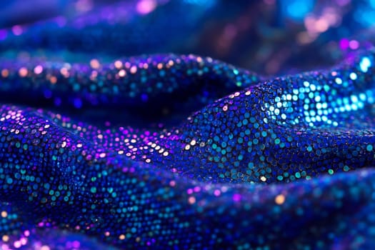 A close-up view of deep blue fabric adorned with vibrant sequins reflecting light, creating a captivating sparkle effect.