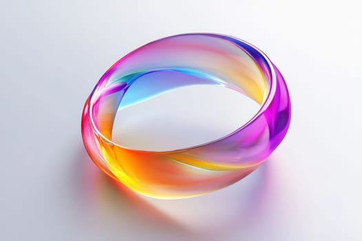 A vibrant, swirling structure made of glass reflects light, showcasing a beautiful gradient of colors in an elegant form.
