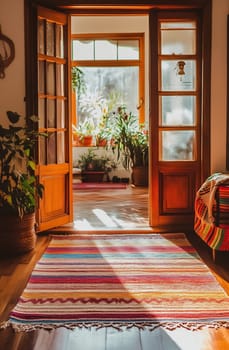 Sunlight casts gentle shadows on a colorful rug, inviting warmth into the room filled with plants and natural elements.