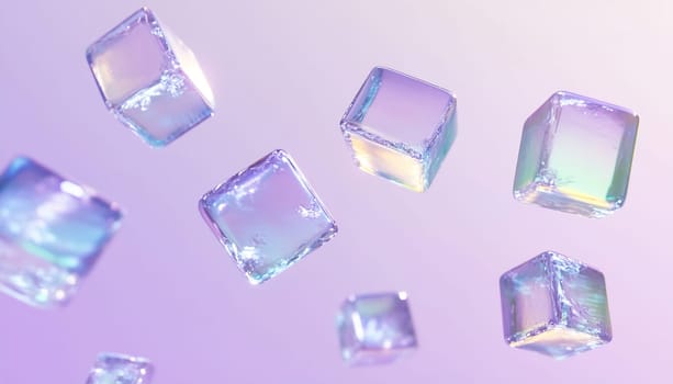 Brightly colored ice cubes float in mid-air against a soft gradient background, creating an enchanting visual display.
