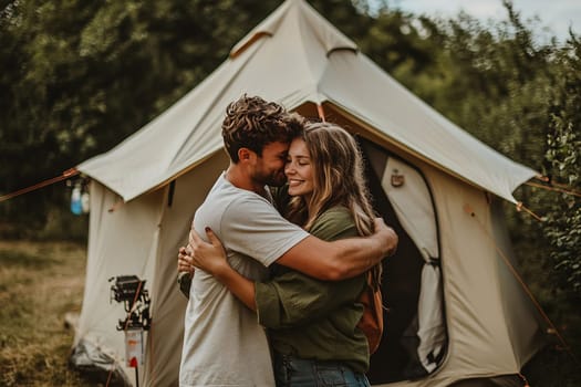 A couple shares a warm embrace in front of their tent during a tranquil camping trip amidst nature.